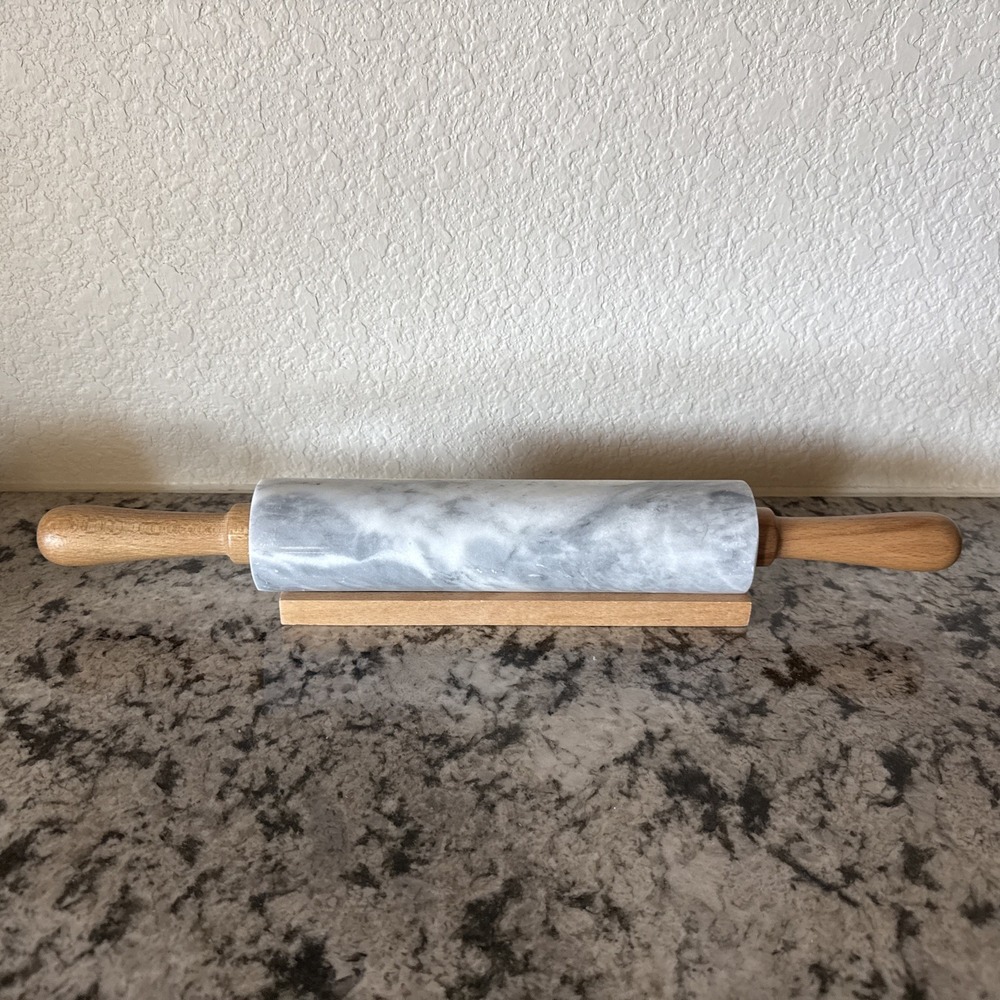 Vtg Marble Rolling Pin White & Gray With Wooden Handles & Base Stand Heavy